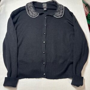 Jacque and Koko Wool Silk Black Beaded Peter‎ Pan Collar Cardigan Sweater 18/20